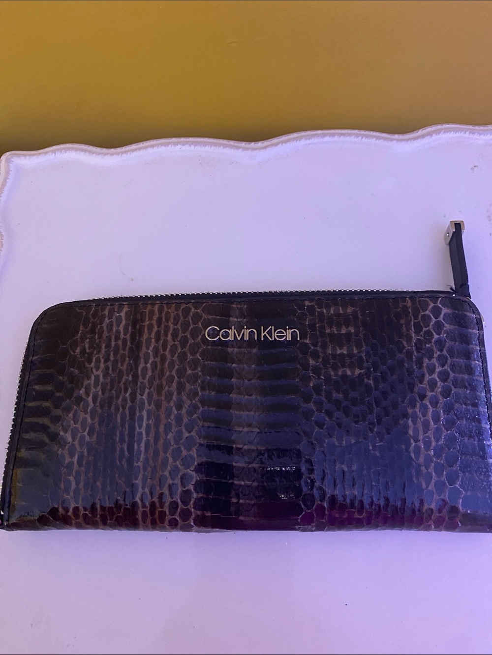 Calvin Klein Dark Brown Glossy Snake-Embossed Zip Around Wallet